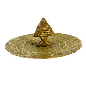 Emboss Round Brass Incense Cone Plate 5" Stick VTG Graffiti Scribe Tree Trinket